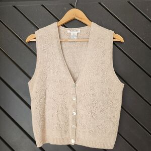 Vintage Talbots Ramie Cotton Embroidered Sweater Vest Neutral Cottagecore Button